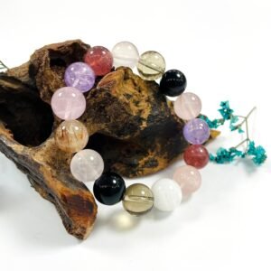 Jingsanye Chinese Zodiac Dog Crystal Bracelet, Natural Multi Stone Beaded Bracelet with Rose Quartz, Amethyst, Strawberry Quartz, Smoky Quartz, Black Obsidian, Healing Crystal Jewelry for Women Men, Lucky Protection Bracelet for Birthday Gift