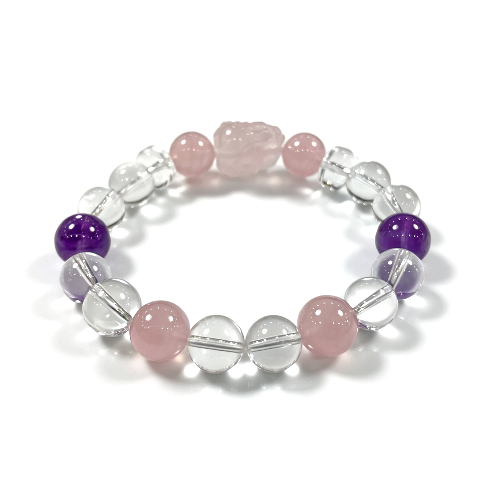 umiCrystal Multi‑Gemstone Beaded Bracelet, Natural Rose Quartz Amethyst Clear Quartz Stretch Bracelet, Hand‑Carved Rose Quartz Pixiu Crystal Jewelry, Healing Blessing Gift for Women Daily Wear - 图片 3
