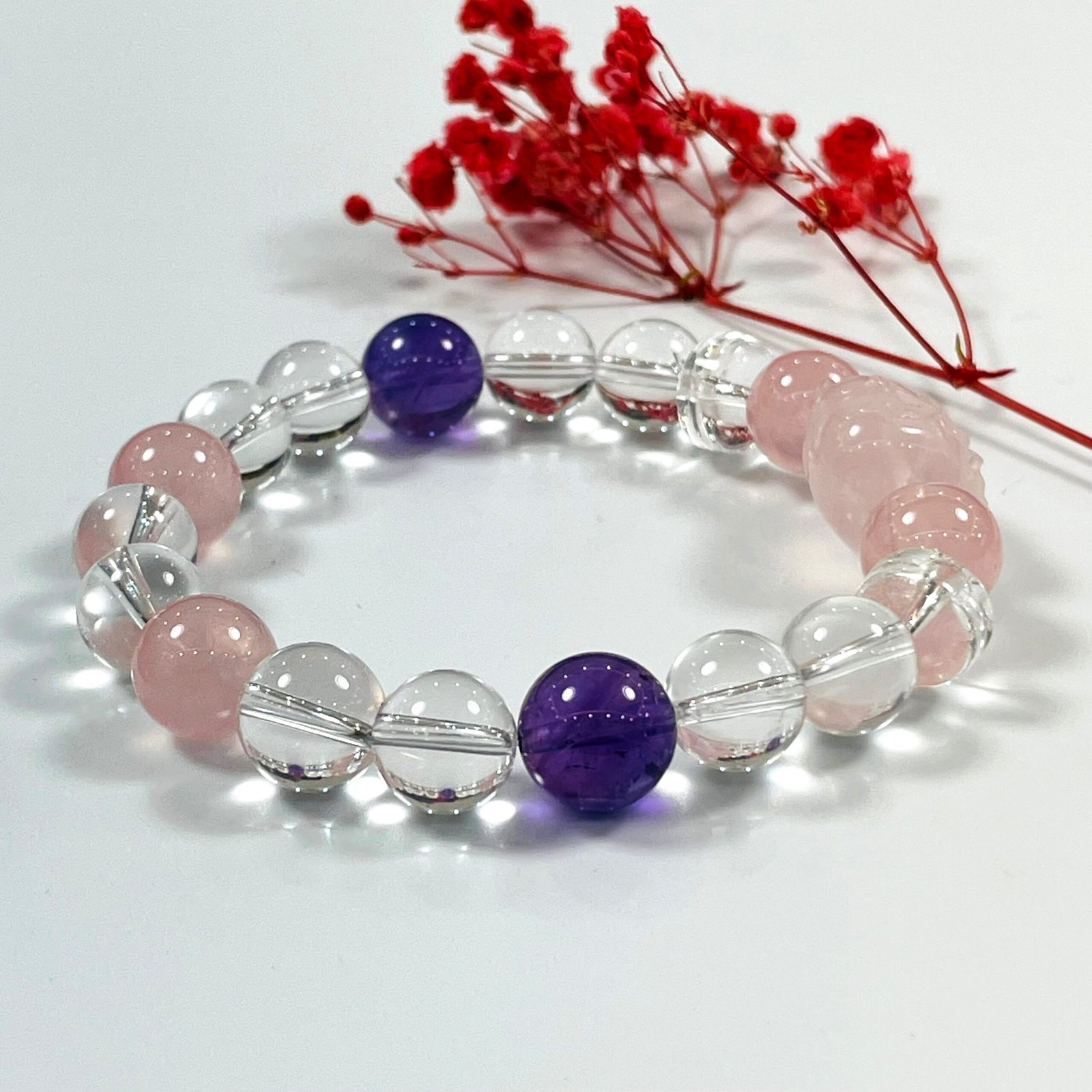 umiCrystal Multi‑Gemstone Beaded Bracelet, Natural Rose Quartz Amethyst Clear Quartz Stretch Bracelet, Hand‑Carved Rose Quartz Pixiu Crystal Jewelry, Healing Blessing Gift for Women Daily Wear - 图片 5