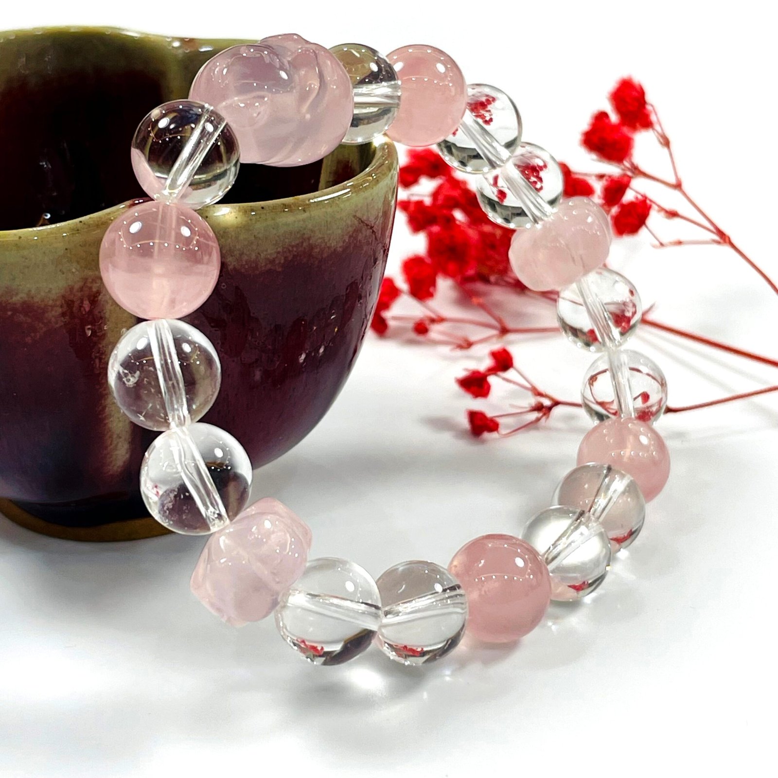 LumiCrystal Natural Rose Quartz Clear Quartz Beaded Bracelet, Carved Rose Quartz Pixiu Stretch Bracelet, Spiritual Energy Healing Jewelry for Women Daily Wear Blessing Gift - 图片 3