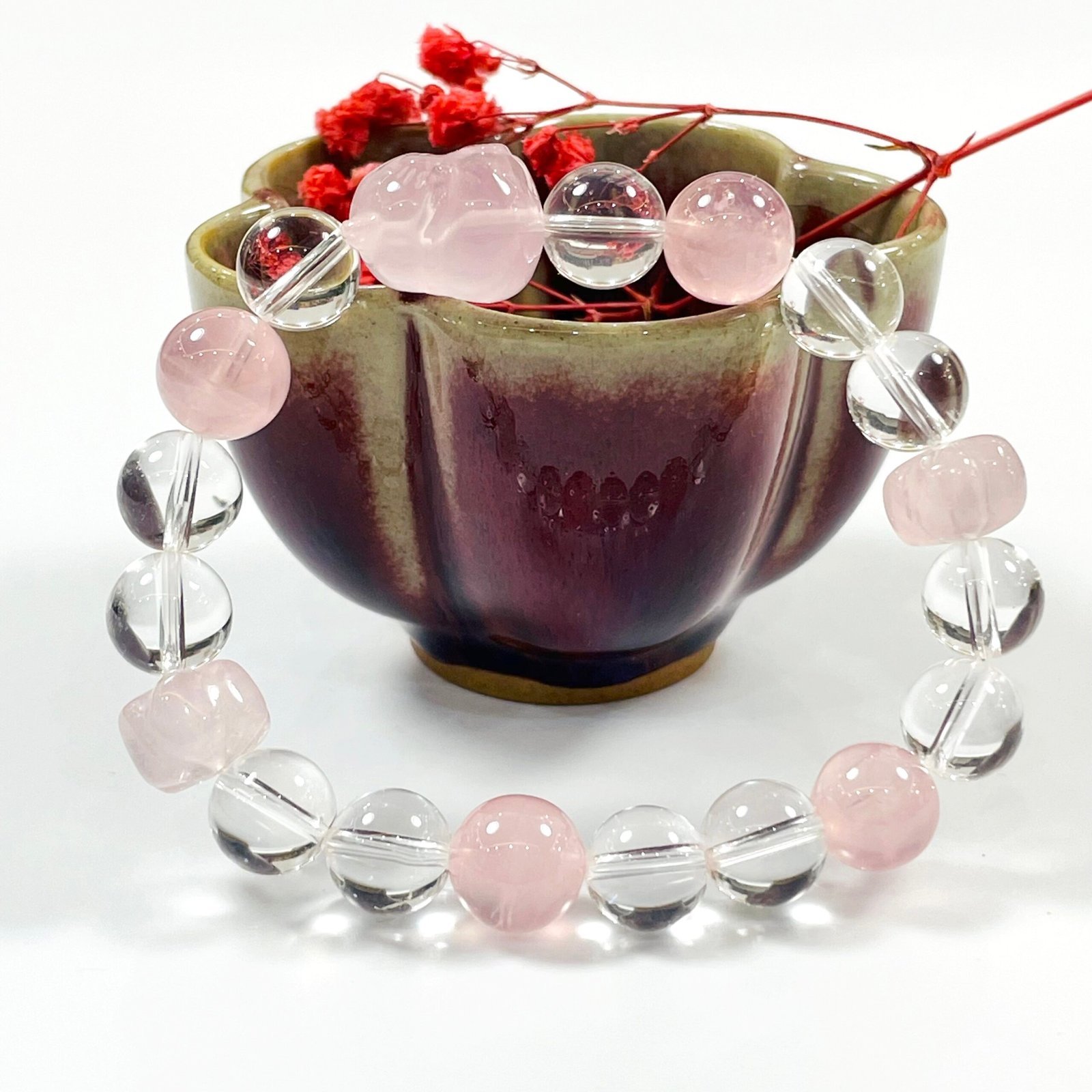 LumiCrystal Natural Rose Quartz Clear Quartz Beaded Bracelet, Carved Rose Quartz Pixiu Stretch Bracelet, Spiritual Energy Healing Jewelry for Women Daily Wear Blessing Gift - 图片 5