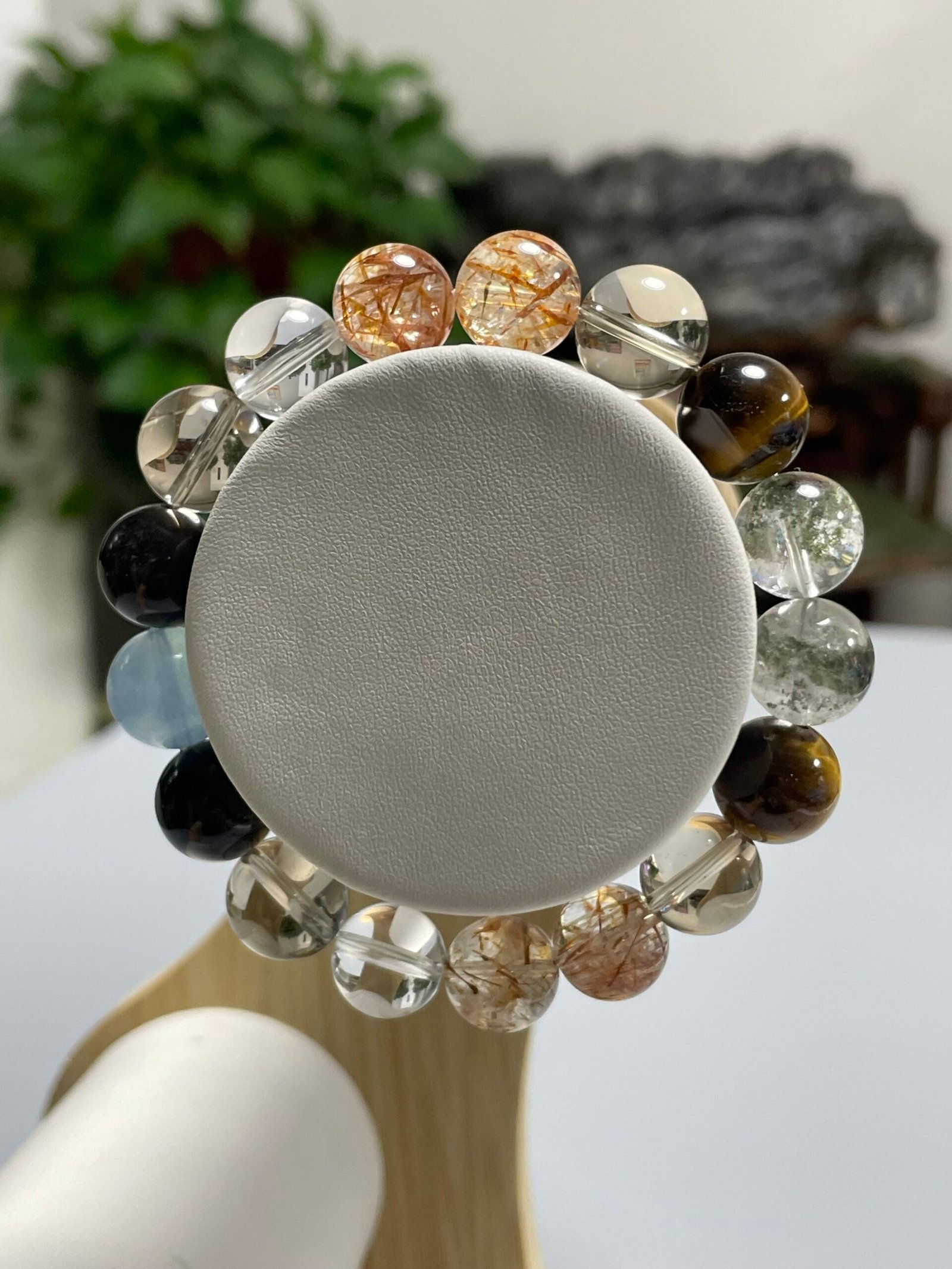 JING‑SANYE Chinese Zodiac Tiger Multi‑Gemstone Beaded Bracelet, Natural Clear Quartz Smoky Quartz Tiger Eye Green Phantom Obsidian Aquamarine Stretch Bracelet, Spiritual Blessing Crystal Jewelry Gift for Men Women Daily Wear - 图片 2