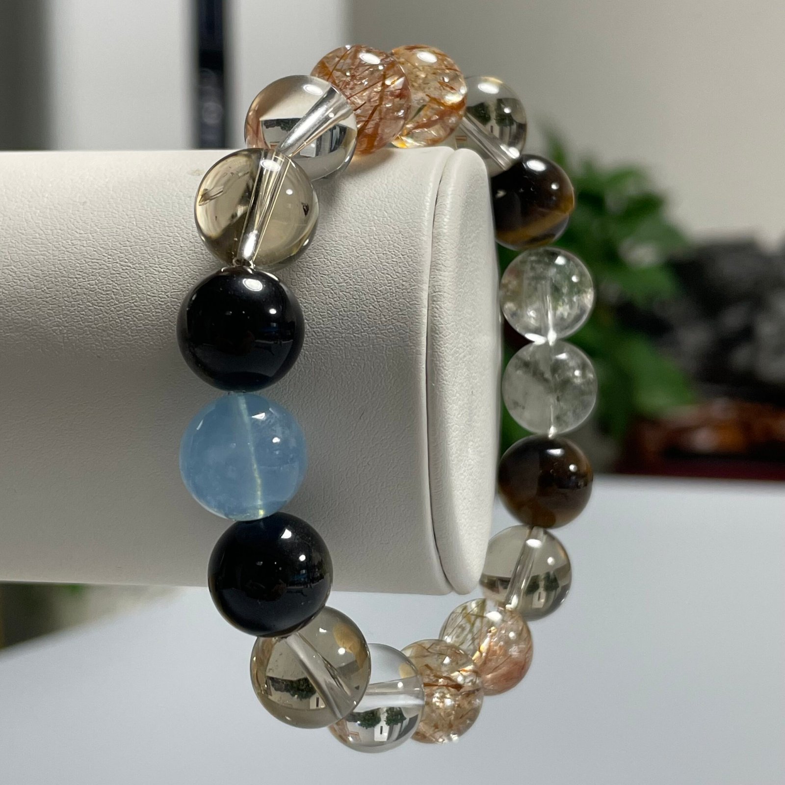 JING‑SANYE Chinese Zodiac Tiger Multi‑Gemstone Beaded Bracelet, Natural Clear Quartz Smoky Quartz Tiger Eye Green Phantom Obsidian Aquamarine Stretch Bracelet, Spiritual Blessing Crystal Jewelry Gift for Men Women Daily Wear - 图片 4