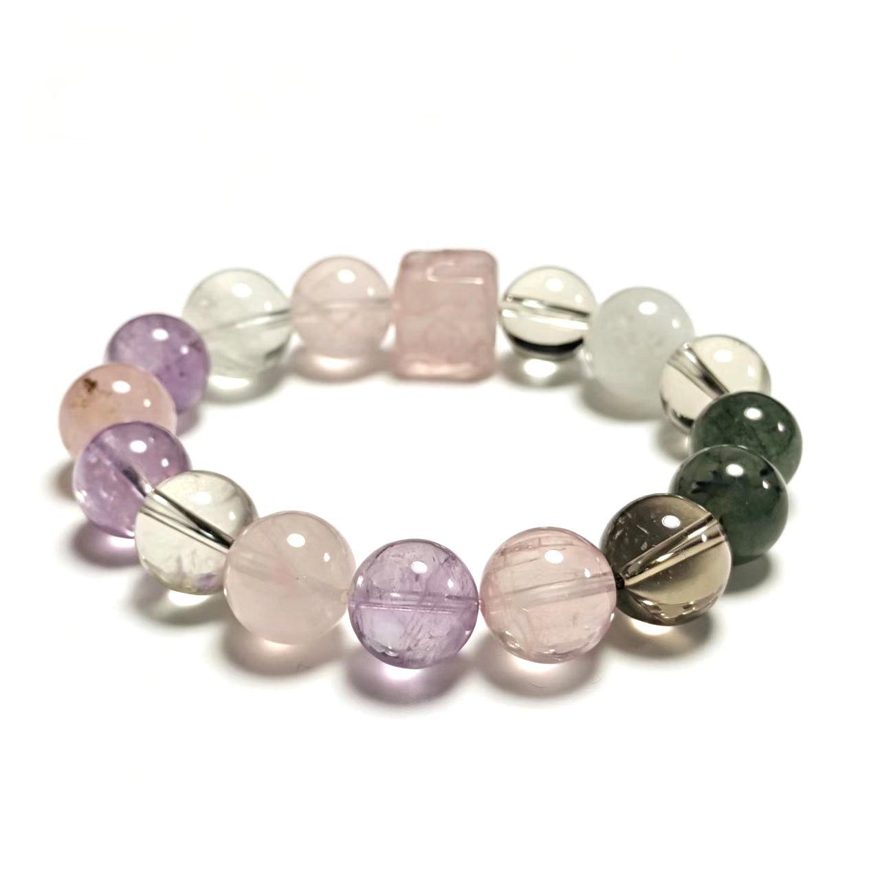 JING‑SANYE Chinese Zodiac Snake Multi‑Gemstone Beaded Stretch Bracelet, Natural White Phantom Green Rutilated Smoky Quartz Clear Quartz Amethyst Rose Quartz White Azeztulite Bracelet with Rose Quartz Carved Cube Charm, Spiritual Blessing Unisex Crystal Jewelry Daily Wear Gift - 图片 7