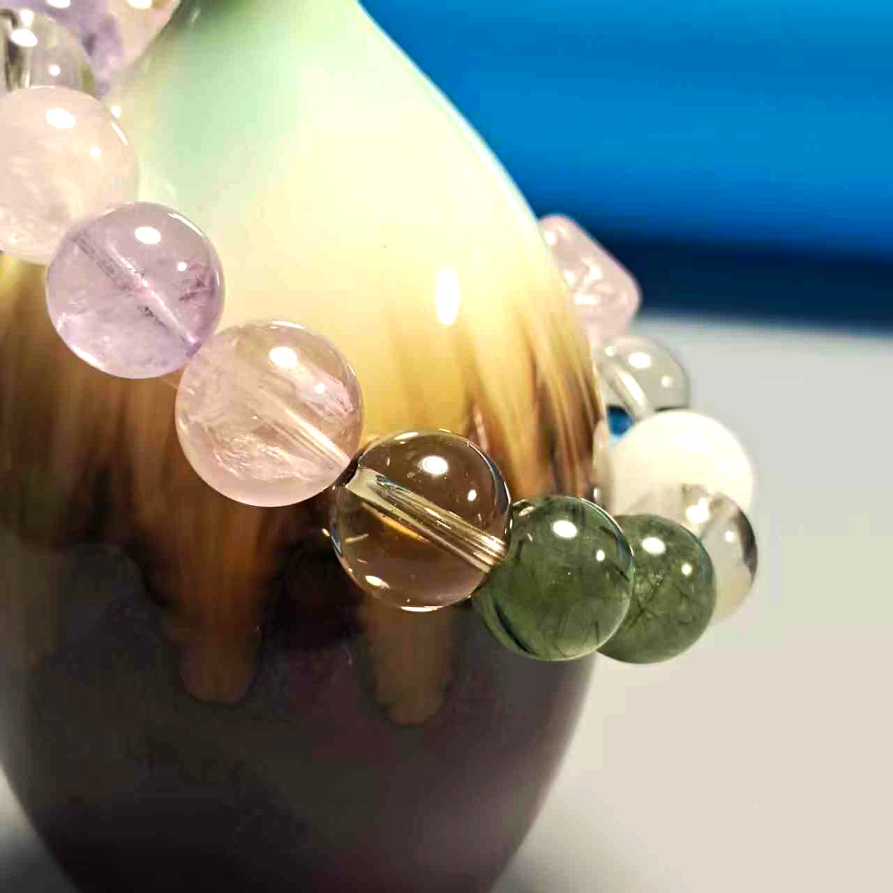 JING‑SANYE Chinese Zodiac Snake Multi‑Gemstone Beaded Stretch Bracelet, Natural White Phantom Green Rutilated Smoky Quartz Clear Quartz Amethyst Rose Quartz White Azeztulite Bracelet with Rose Quartz Carved Cube Charm, Spiritual Blessing Unisex Crystal Jewelry Daily Wear Gift - 图片 6