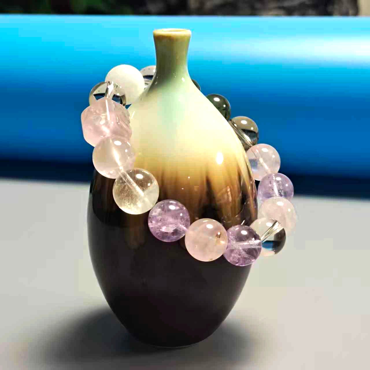JING‑SANYE Chinese Zodiac Snake Multi‑Gemstone Beaded Stretch Bracelet, Natural White Phantom Green Rutilated Smoky Quartz Clear Quartz Amethyst Rose Quartz White Azeztulite Bracelet with Rose Quartz Carved Cube Charm, Spiritual Blessing Unisex Crystal Jewelry Daily Wear Gift - 图片 5