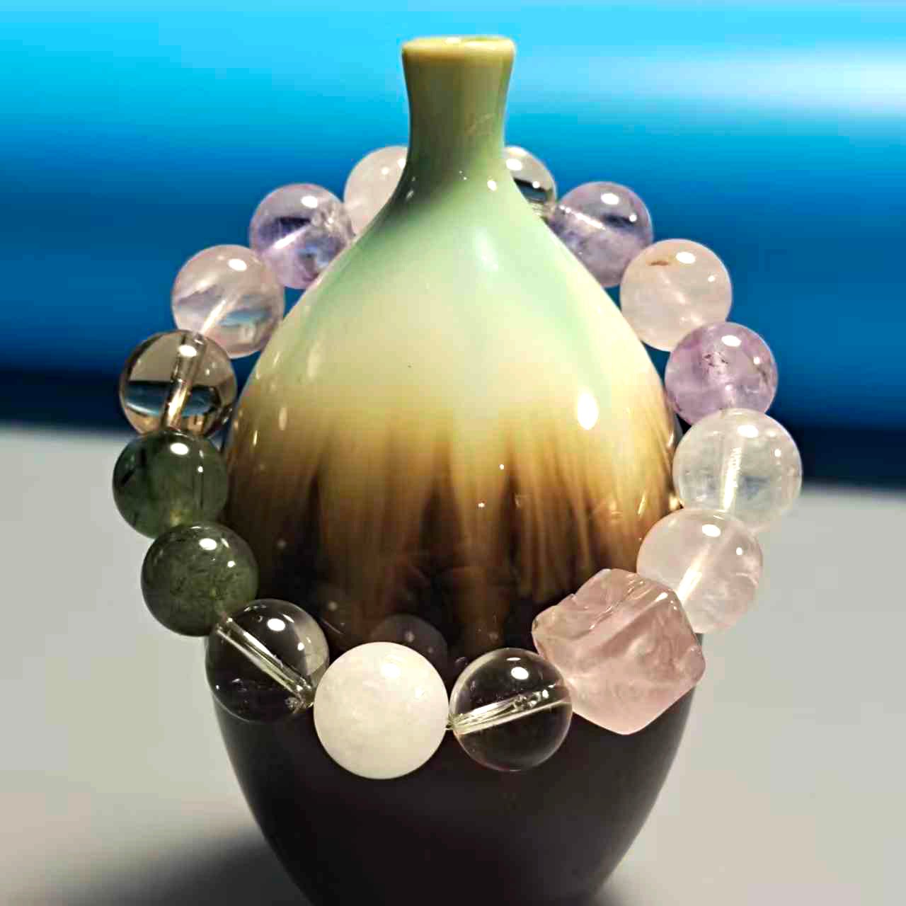 JING‑SANYE Chinese Zodiac Snake Multi‑Gemstone Beaded Stretch Bracelet, Natural White Phantom Green Rutilated Smoky Quartz Clear Quartz Amethyst Rose Quartz White Azeztulite Bracelet with Rose Quartz Carved Cube Charm, Spiritual Blessing Unisex Crystal Jewelry Daily Wear Gift - 图片 4