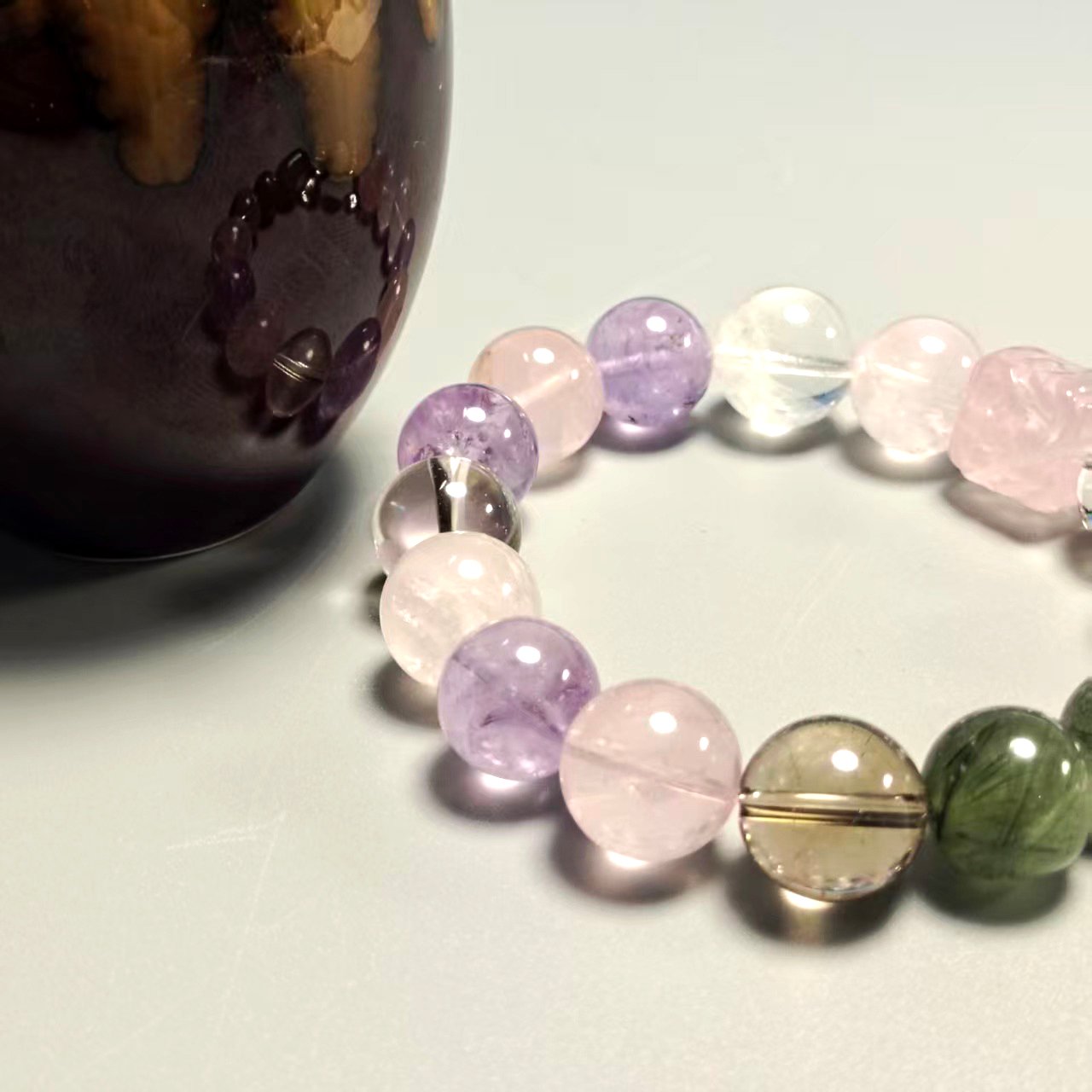JING‑SANYE Chinese Zodiac Snake Multi‑Gemstone Beaded Stretch Bracelet, Natural White Phantom Green Rutilated Smoky Quartz Clear Quartz Amethyst Rose Quartz White Azeztulite Bracelet with Rose Quartz Carved Cube Charm, Spiritual Blessing Unisex Crystal Jewelry Daily Wear Gift - 图片 3