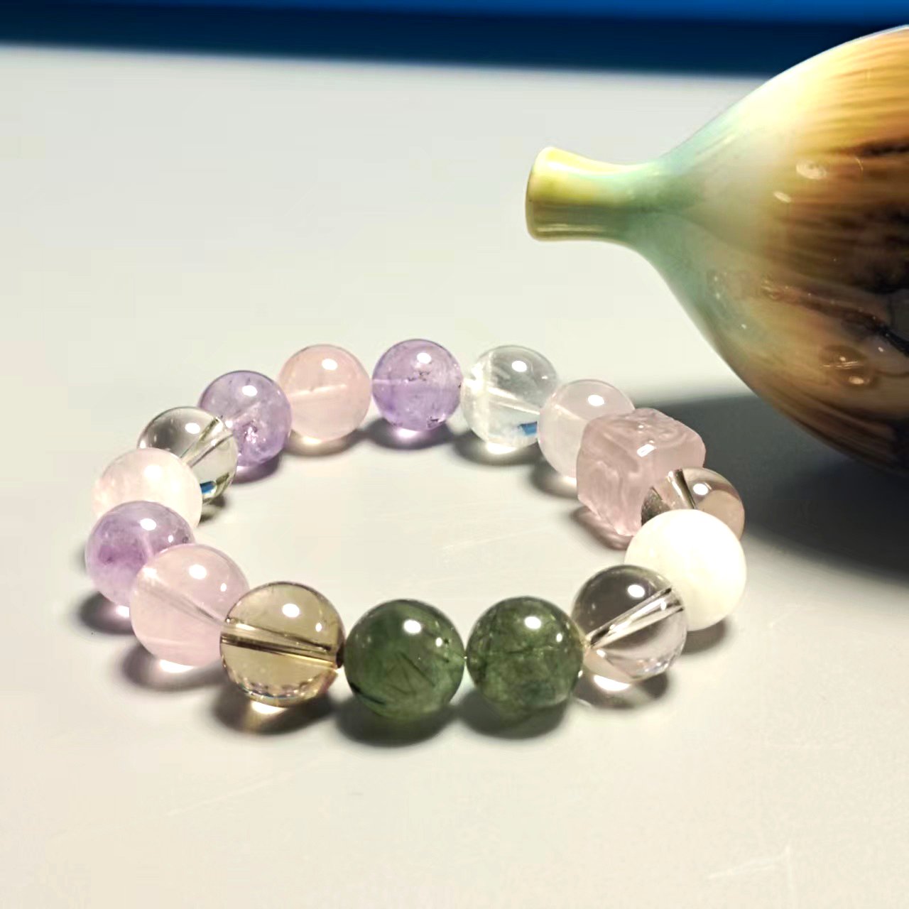 JING‑SANYE Chinese Zodiac Snake Multi‑Gemstone Beaded Stretch Bracelet, Natural White Phantom Green Rutilated Smoky Quartz Clear Quartz Amethyst Rose Quartz White Azeztulite Bracelet with Rose Quartz Carved Cube Charm, Spiritual Blessing Unisex Crystal Jewelry Daily Wear Gift - 图片 2