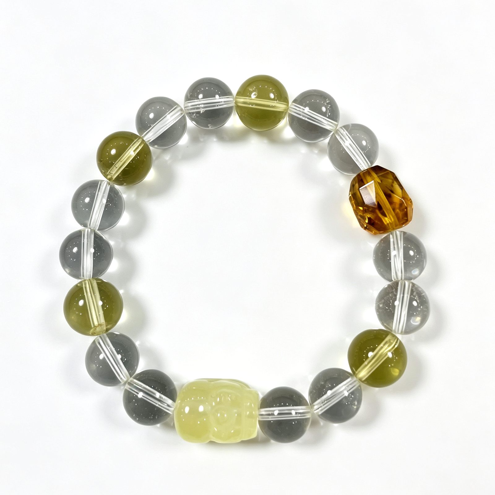 JING‑SANYE Multi‑Gemstone Beaded Bracelet, Natural Citrine Clear Quartz & Smoky Quartz Stretch Bracelet, Hand‑Carved Citrine Pixiu Crystal Jewelry, Prosperity Blessing Gift for Men Women Daily Wear - 图片 6