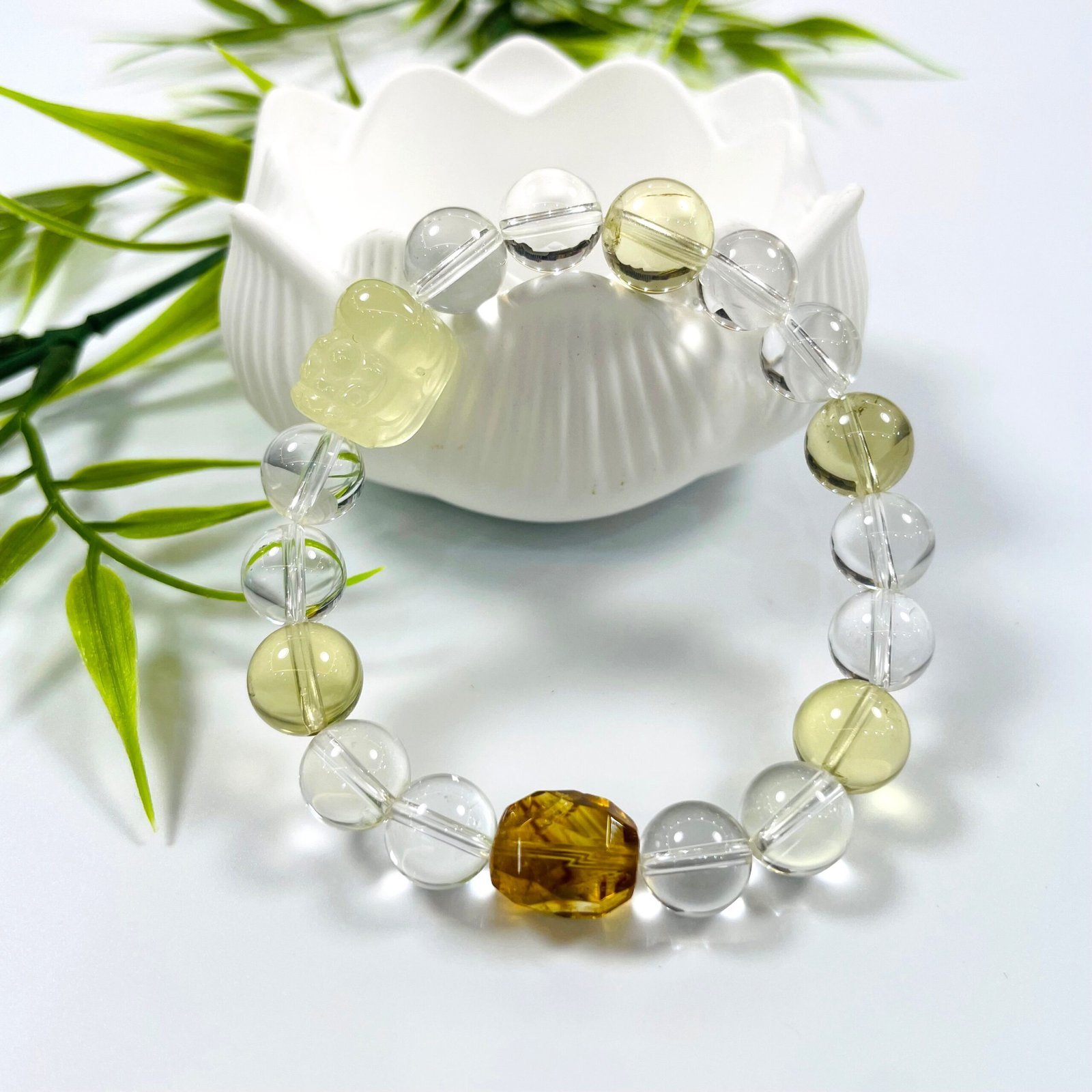JING‑SANYE Multi‑Gemstone Beaded Bracelet, Natural Citrine Clear Quartz & Smoky Quartz Stretch Bracelet, Hand‑Carved Citrine Pixiu Crystal Jewelry, Prosperity Blessing Gift for Men Women Daily Wear - 图片 2