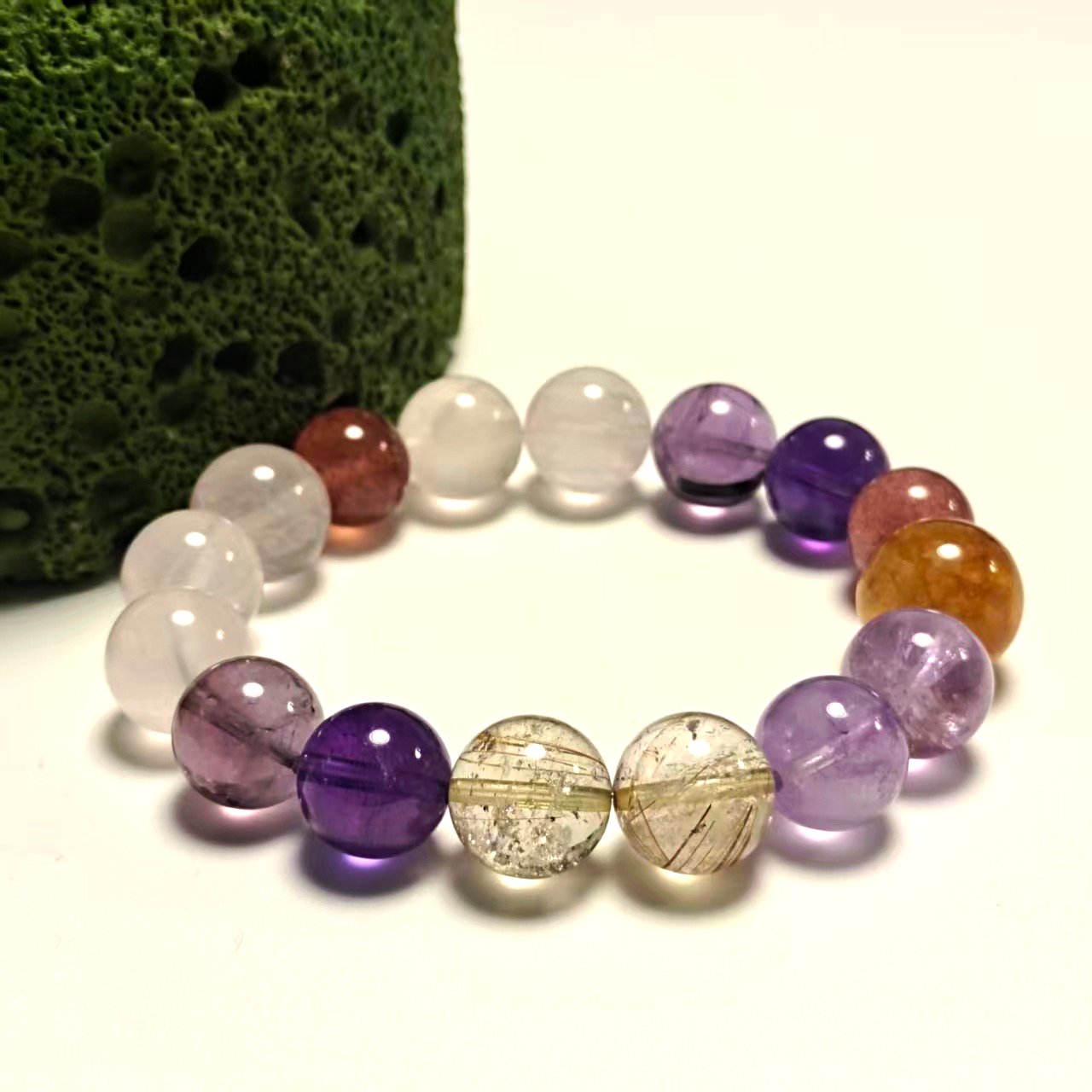 JING‑SANYE Chinese Zodiac Rat Multi‑Gemstone Beaded Bracelet, Natural Amethyst Rose Quartz Strawberry Quartz Rutilated Quartz Stretch Bracelet, Spiritual Blessing Crystal Jewelry Gift for Men Women Daily Wear - 图片 2